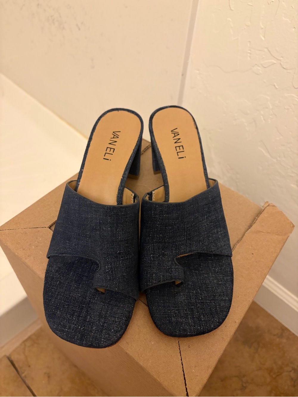 Vaneli Denim-Textured Navy Open-Toe Mules